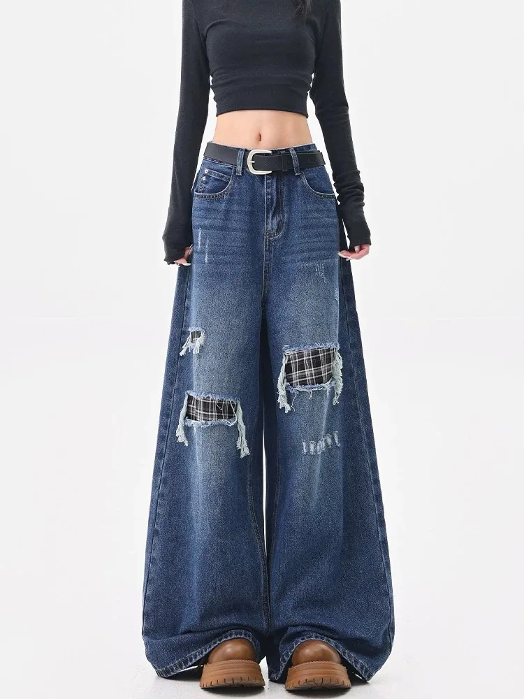 Mulheres y2k americano streetwear calças retalhos rasgado denim cintura alta em linha reta calças de perna larga outono novo estilo