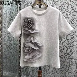 KUSAHIKI 2024 New Women's Short Sleeved T-shirt Spring Chic 3d Floral Short Sleeved Versatile Top Korean Fashion Tee Shirts