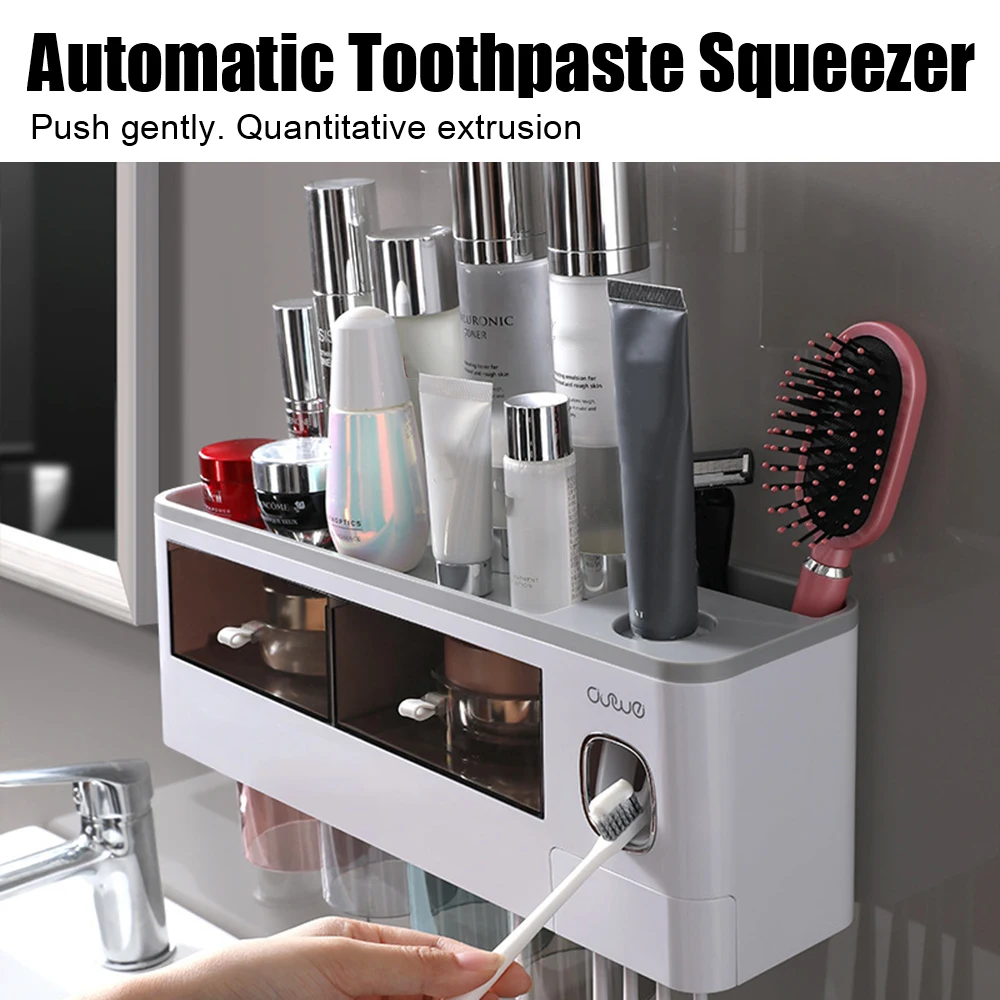 Multifunction Punch-Free Automatic With Magnetic Adsorption 2/3/4 Cup Toothbrush Holder Toothpaste Squeezer Dispenser