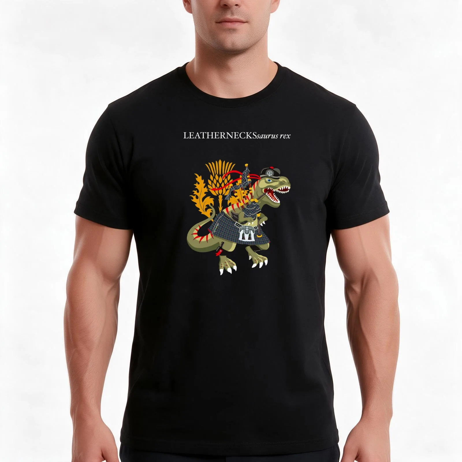 Clanosaurus Rex LEATHERNECKSsaurus rex Leathernecks Marine Plaid Family Tartan T-Shirt, Summer Casual Cotton Tee, 100% Cotton
