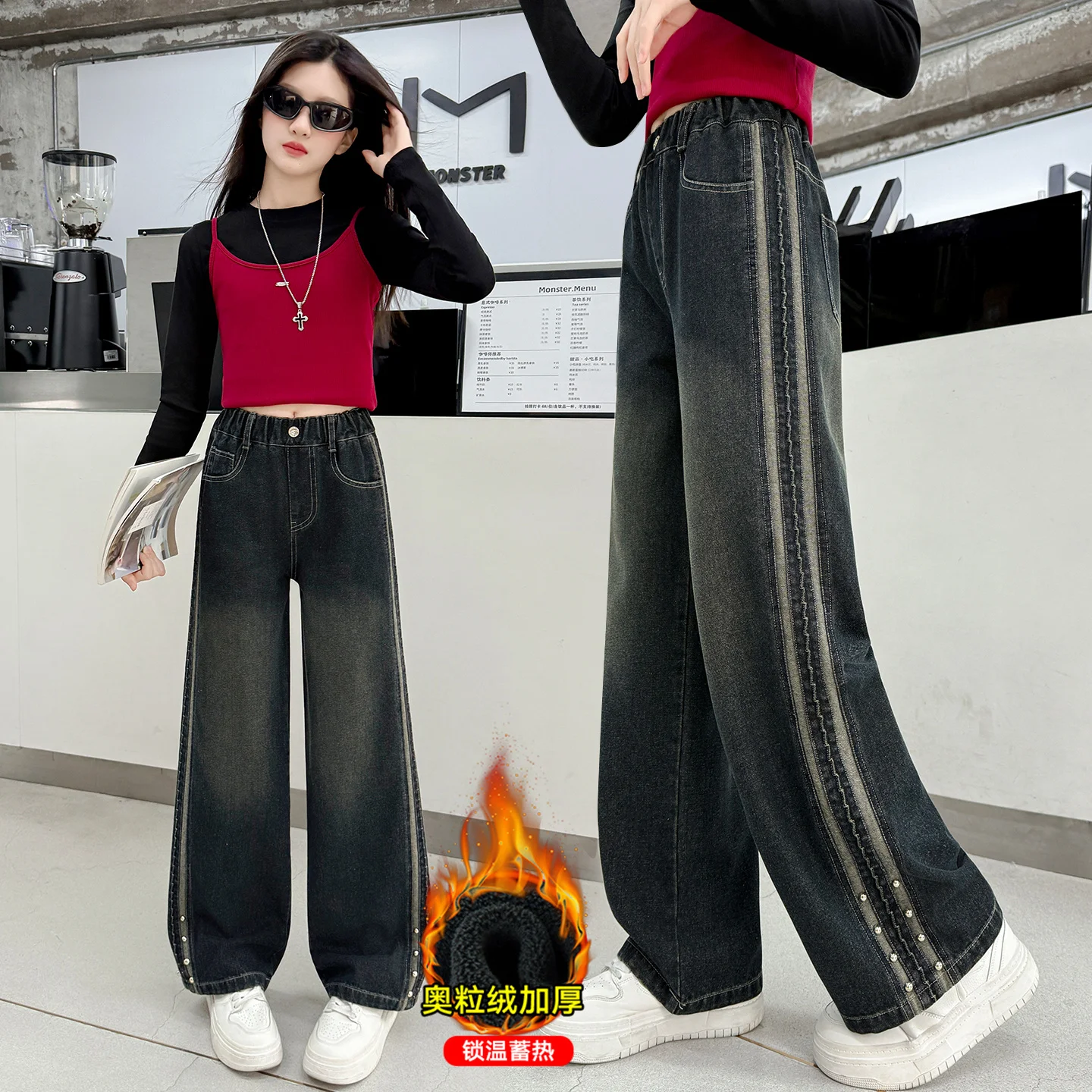 

Winter Girls Thermal Distressed Studded Jeans with Fleece Lined Kids Children Loose Straight Warm Insulated Trousers Ages 4-14Y