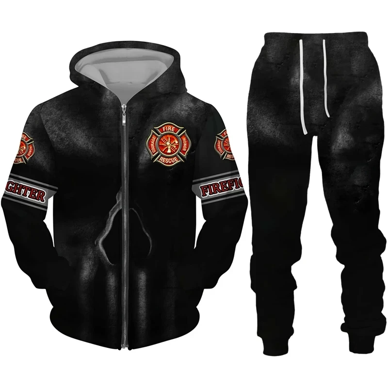 Men's Hoodie Sets Firefighter 3D Print Graphic Men's Hoodie Zipper Sweatshirt Pants Set Tracksuit Men Cool Streetwear Clothing