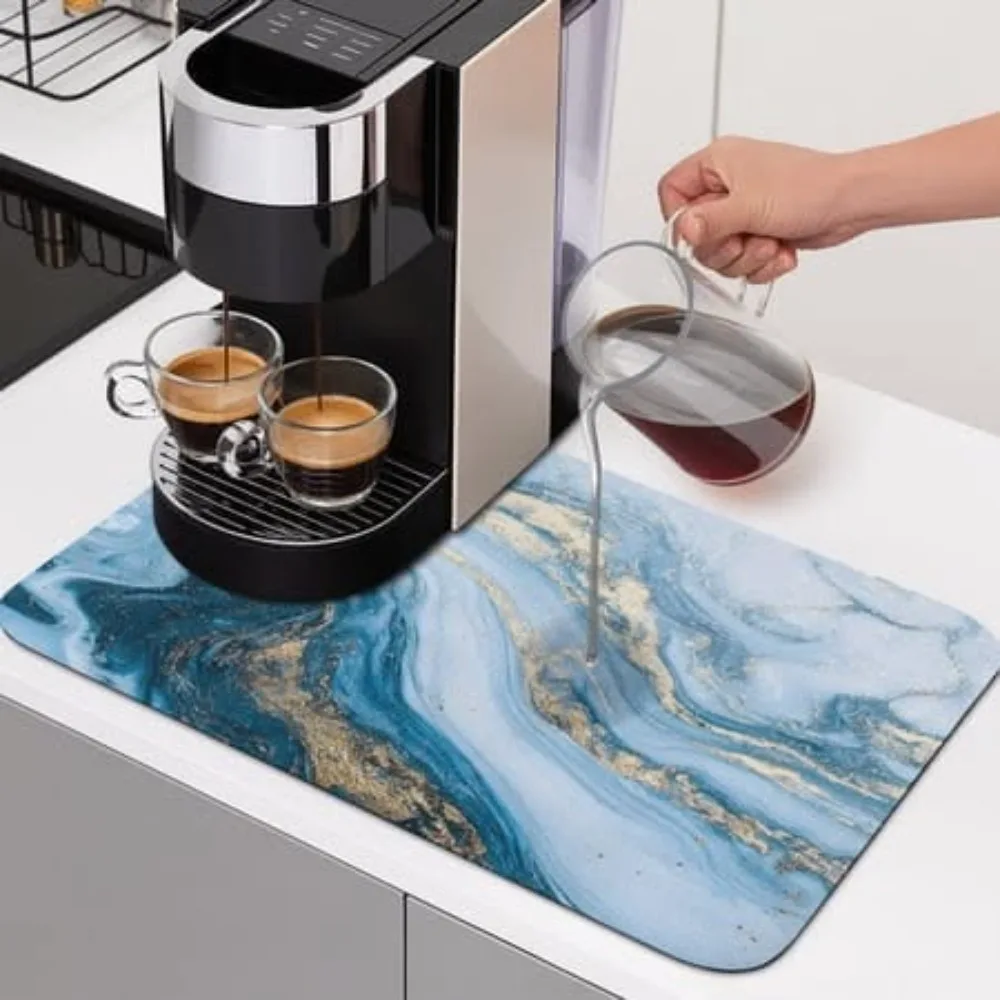 Blender Coffee Pad Blue Marble Texture Liquid Absorbent Rubber Underlay Spill Proof Tea Station Counter Top Draining Runner