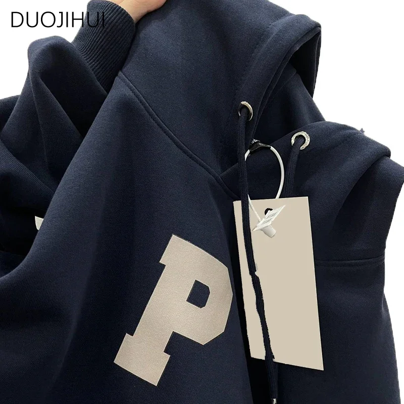 DUOJIHUI American Vintage Navy Blue Loose Women Hoodies Spring Letter Printed Fashion Drawstring Hooded Simple Female Hoodies