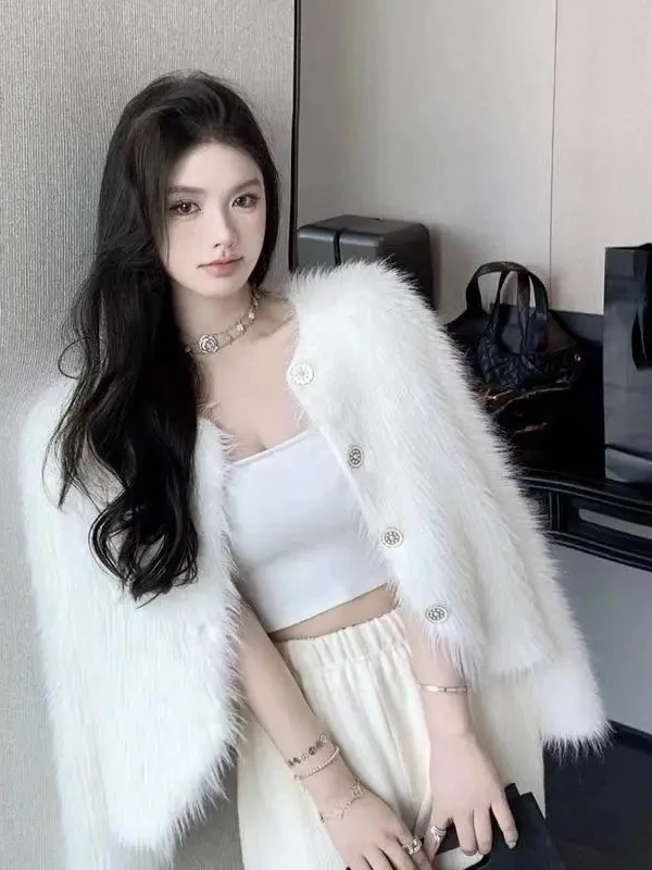 Weiße Nerz gestrickte offene Strickjacke Damen Winter New ort Loose High-End Feeling Pullover Jaet Trendy Ci Walk Commute Sle