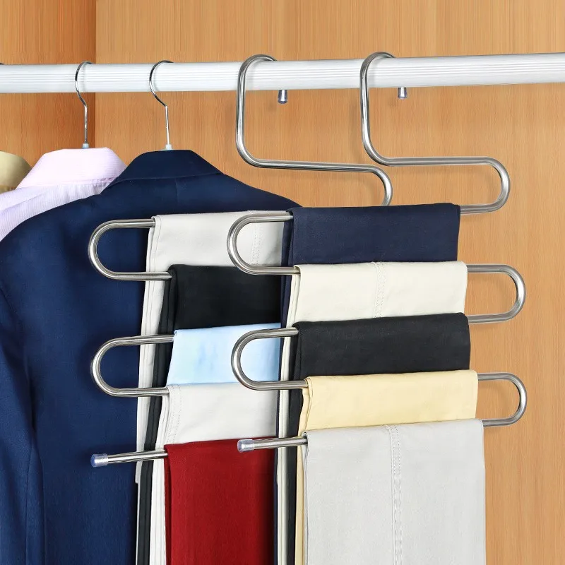 Stainless Steel Clothes Hanger Multifunctional Magic s-Shaped 5-Layer Pants Rack Wardrobe Storage Rack Pants Hanger Pants Clip