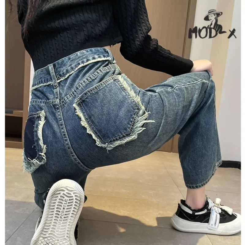 Wide-leg Jeans with Tassel for Female Raw Edge High Waist Loose Straight Pants Color Pocket Design Mopping Pants Spring New Styl