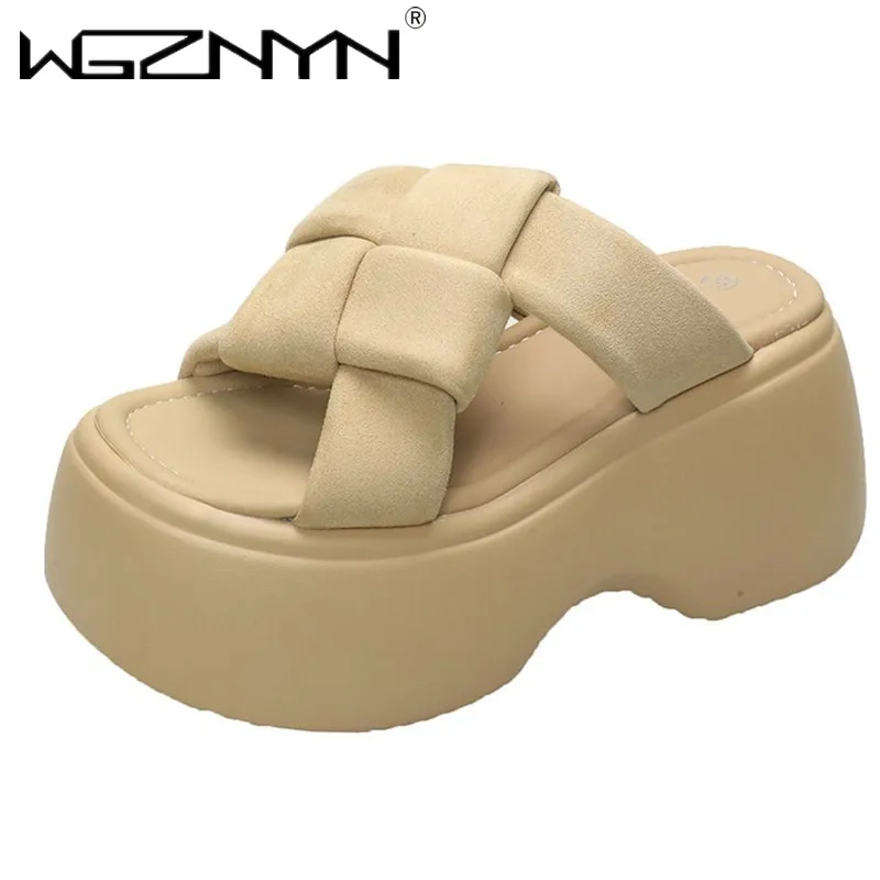 

NEW Luxury Women 8.5cm High Heels Sandals Soft Leather Ladies Thick Bottom Slides Shoe Summer Rome Style Woman Platform Slippers
