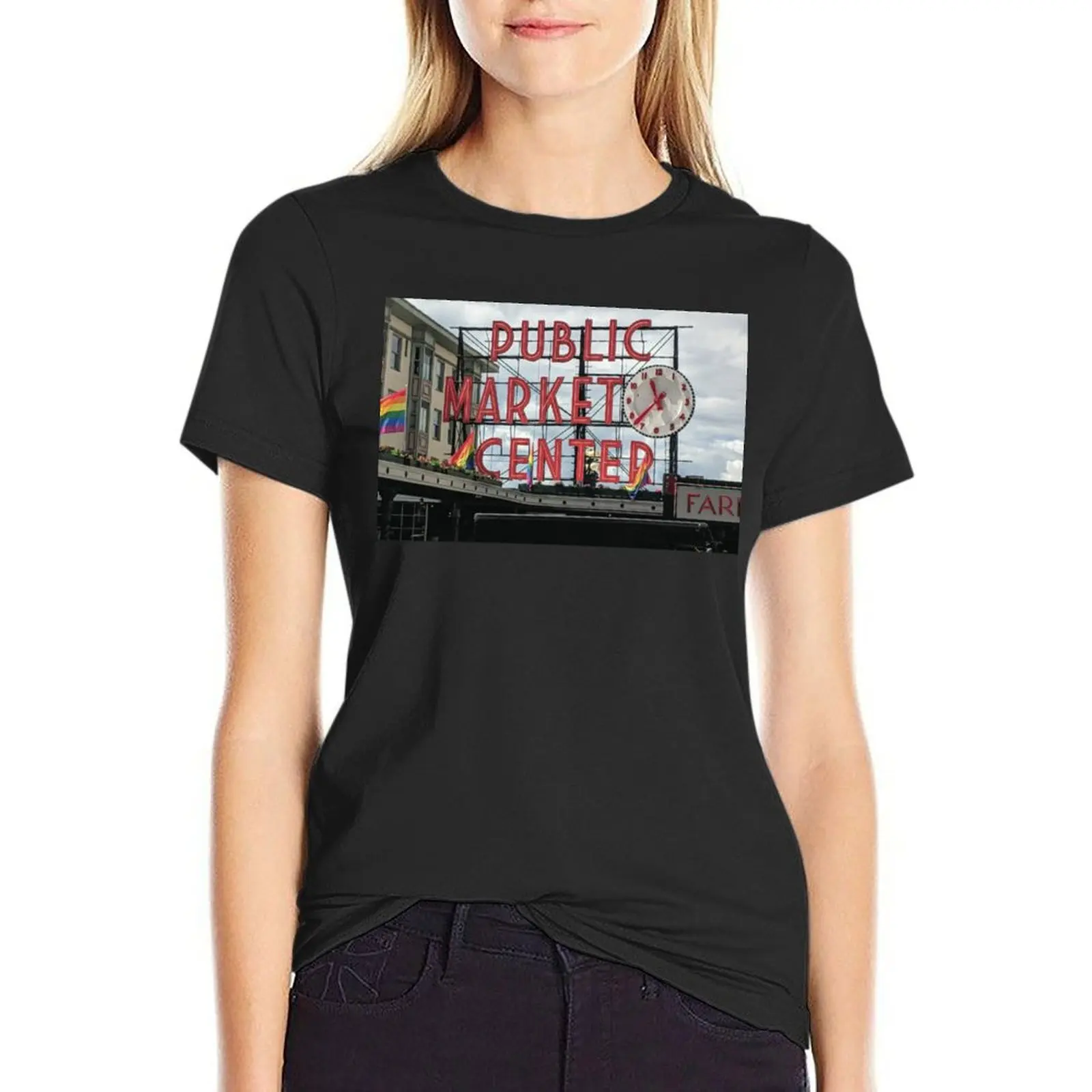 

Pike Place Market Public Market Center Seattle T-Shirt summer clothes animal print shirt for girls female tshirts for Women