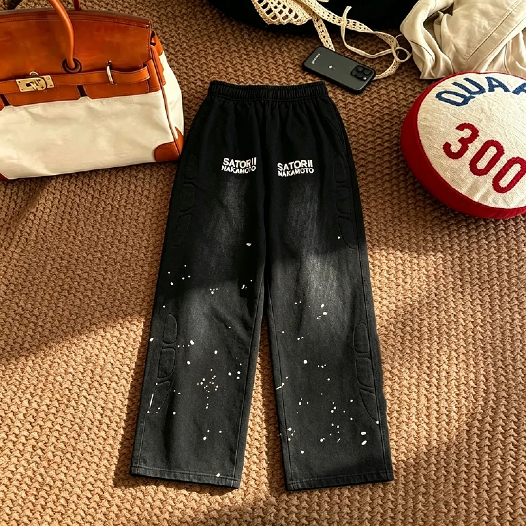 2026ss SATOSHI NAKAMOTO Drawstring Vintage Splash Ink Washed Distressed Loose Wide-Leg Straight Sweatpants Casual Long Pants