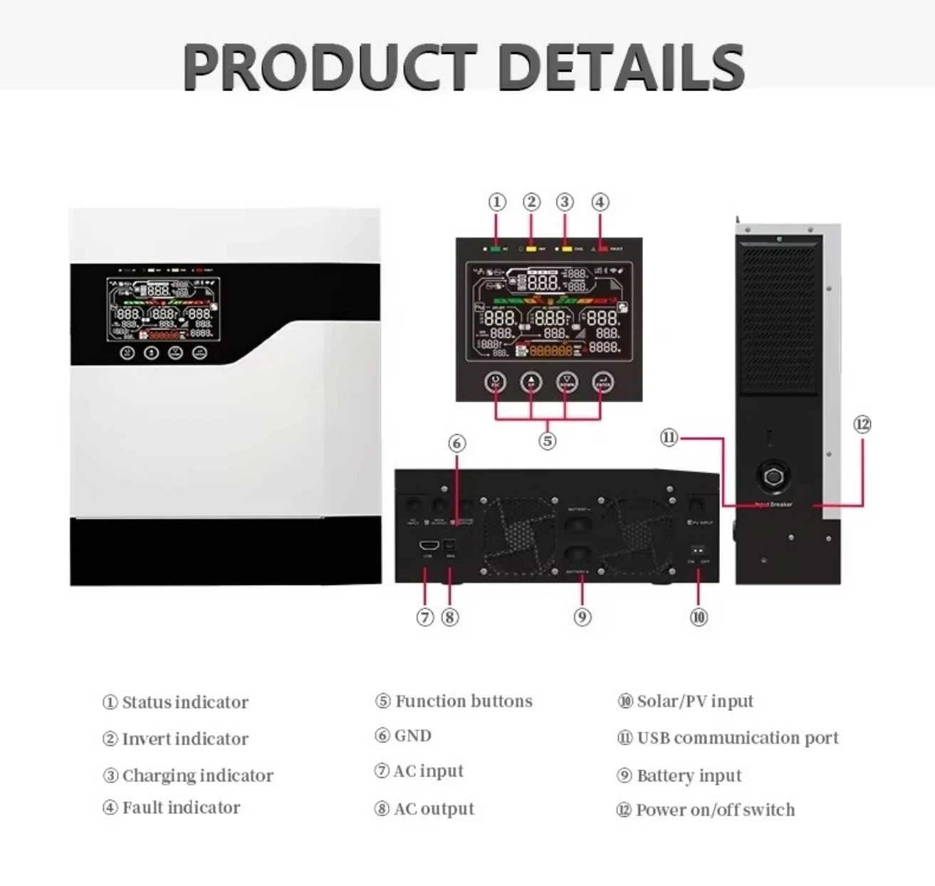 1kw 1kva 2kw 2kva 3kw  5kw 5kva 6kw 6kva 6.2kw 10kw 10kva 11kw 11kva 12v 24v 48v Onduleur Solaire Hybride Hybrid Solar Inverter view 2