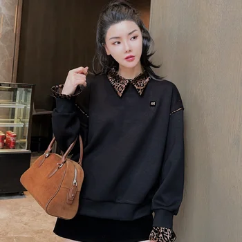 여성용 레오파드 무늬 칼라 루즈 스타일 후디, 페이크 투피스 캐주얼 상의, 하이 스트리트 패션, 2024 가을 및 겨울 신상