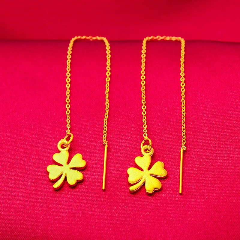 

Imitation gold long ear line O chain versatile lucky clover flower tassel earrings exquisite jewelry 2023 women's gift