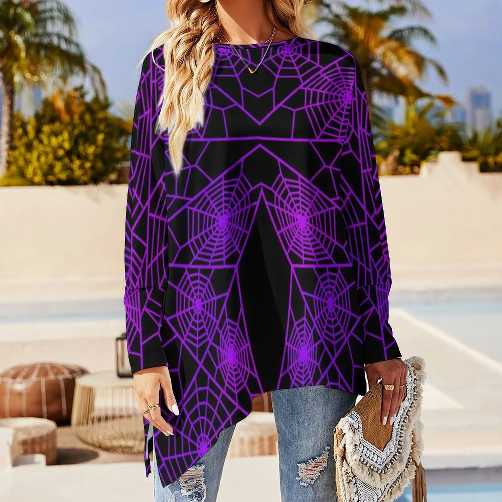 Halloween Print T-Shirts Purple Spider Web Y2K T-Shirt Woman Long Sleeve O Neck Streetwear Tops Oversized Custom Clothes