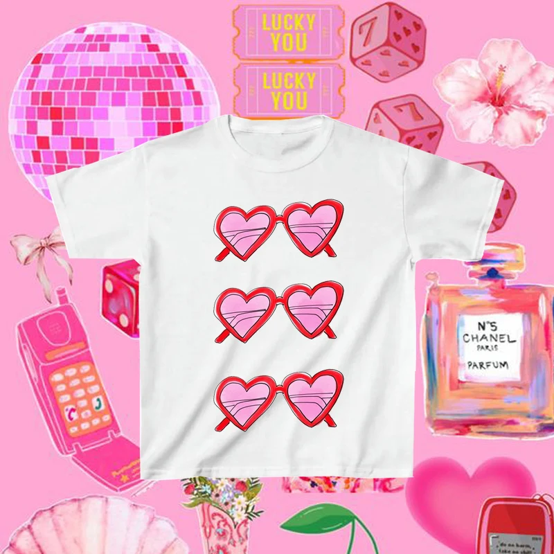 

Top aesthetic glasses pattern series printed T-shirt 2000s Y2k style street cute casual women fashionable punk expression girl