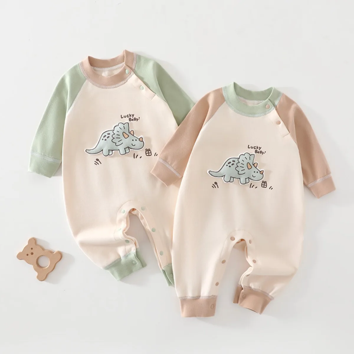 Newborn Baby Romper Dinosaur Print Soft Cotton Long Sleeve Onesie with Shoulder Snaps Infant Unisex Spring Fall 0-18M Easy Dress