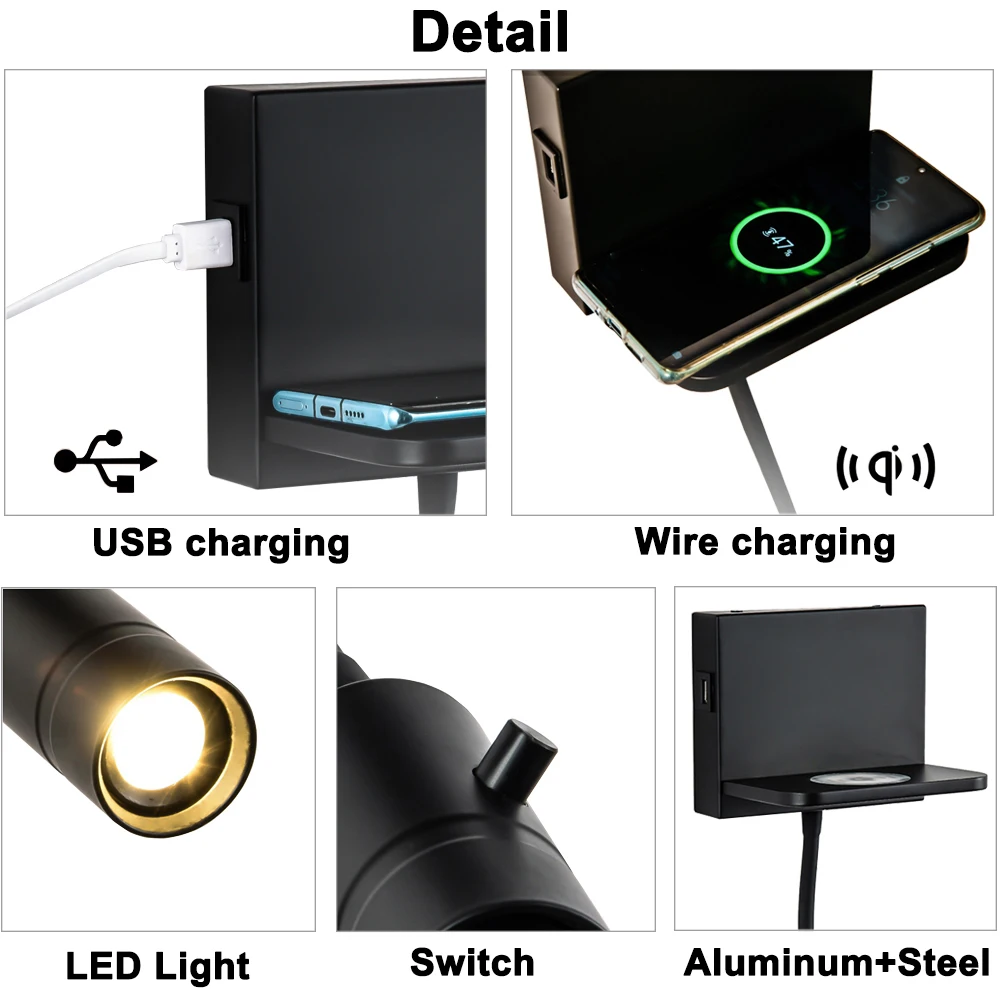 LED 독서 램프 고정구, 3W, 벽 돌출 조명, 구즈넥, 조절 가능한 스포트라이트 스위치, 무선 USB 충전 포트, 따뜻한 화이트 3000K