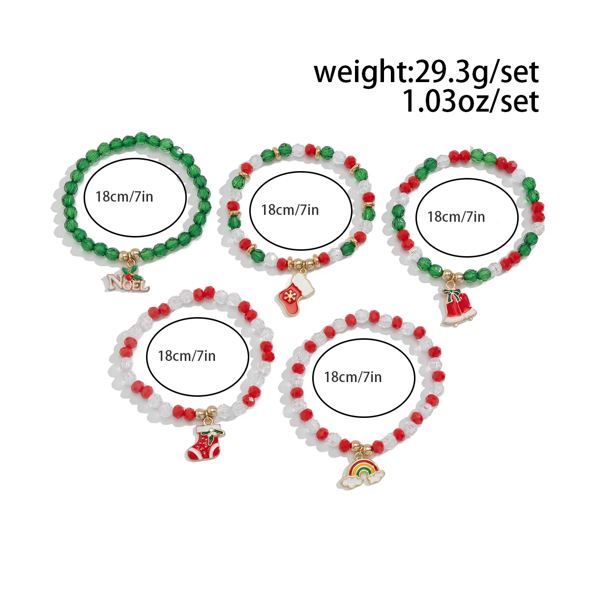 KunJoe 5pcs/set Cute Christmas Bell Snowflake Pendant Bracelet Women Colored Crystal Beads Adjustable Elastic Bracelet Jewelry