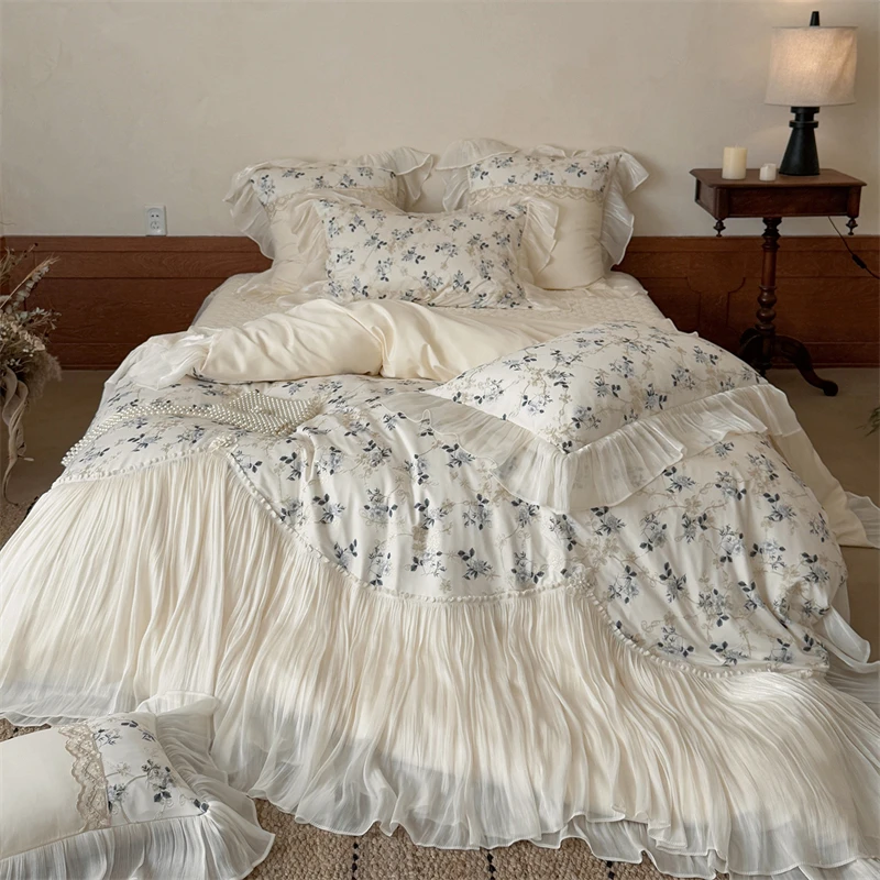 1000TC Egyptian Cotton Flowers Embroidered Lace Ruffles Patchwork Bedding Set Duvet Cover Flat/Fitted Bed Sheet Pillowcases 4Pcs