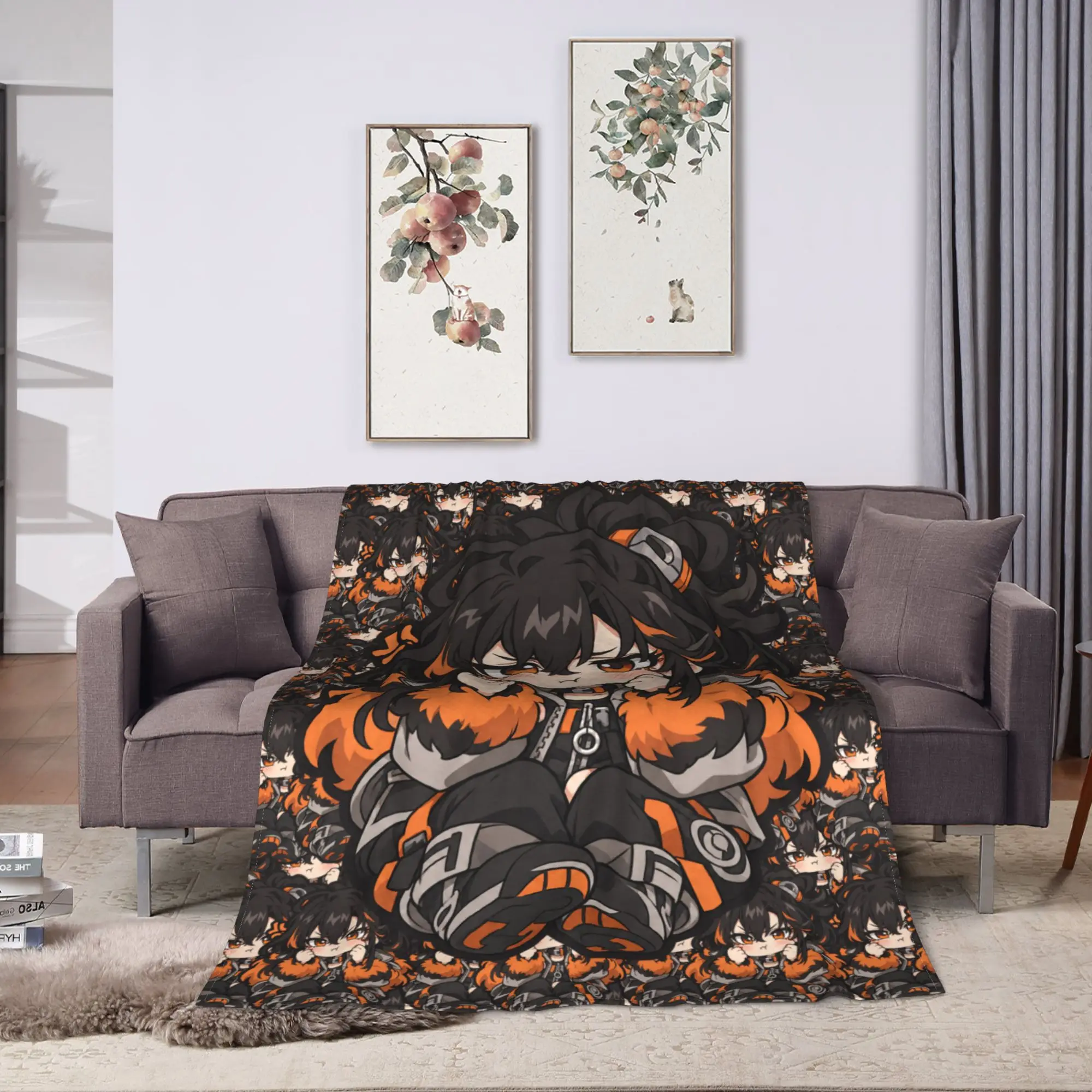 GACHIAKUTA Black Haired Girl Orange Outfit Chibi Blankets Warm  Bedding Throws Autumn Children Living Room Fluffy Bedspread