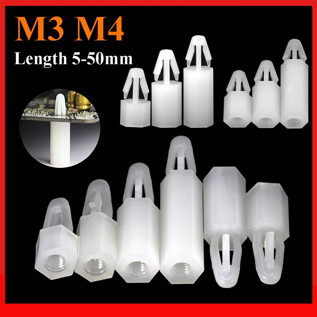 M3 M4 White Nylon Spacing Screw For PCB Circuit Board Hex Push-in Plastic Post Fixed Standoff Spacer Pillar Length 5mm-50mm