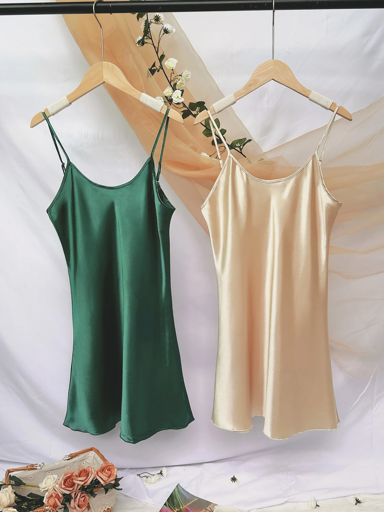 New Women Pajamas 2 Pcs Set  Satin Silk Nightgown Print Round-Neck Women Sexy Suspenders Homewear