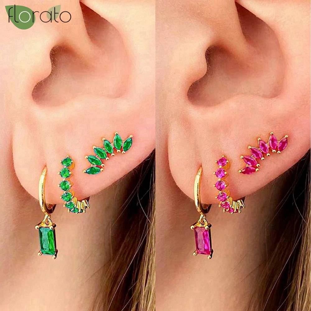 925 Sterling Silver Needle Colorful Zircon Earrings Set Small Hoop Earrings for Women Fashion Ear Cartilage Piercing Jewelry