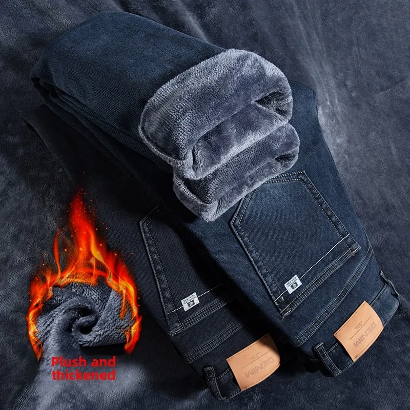 2024 Heren Winter Warm 3 Kleur Straight Thcik Fleece Jeans Mode Casual Baggy Klassieke Stijl Effen Denim Broek Mannelijke Kleding