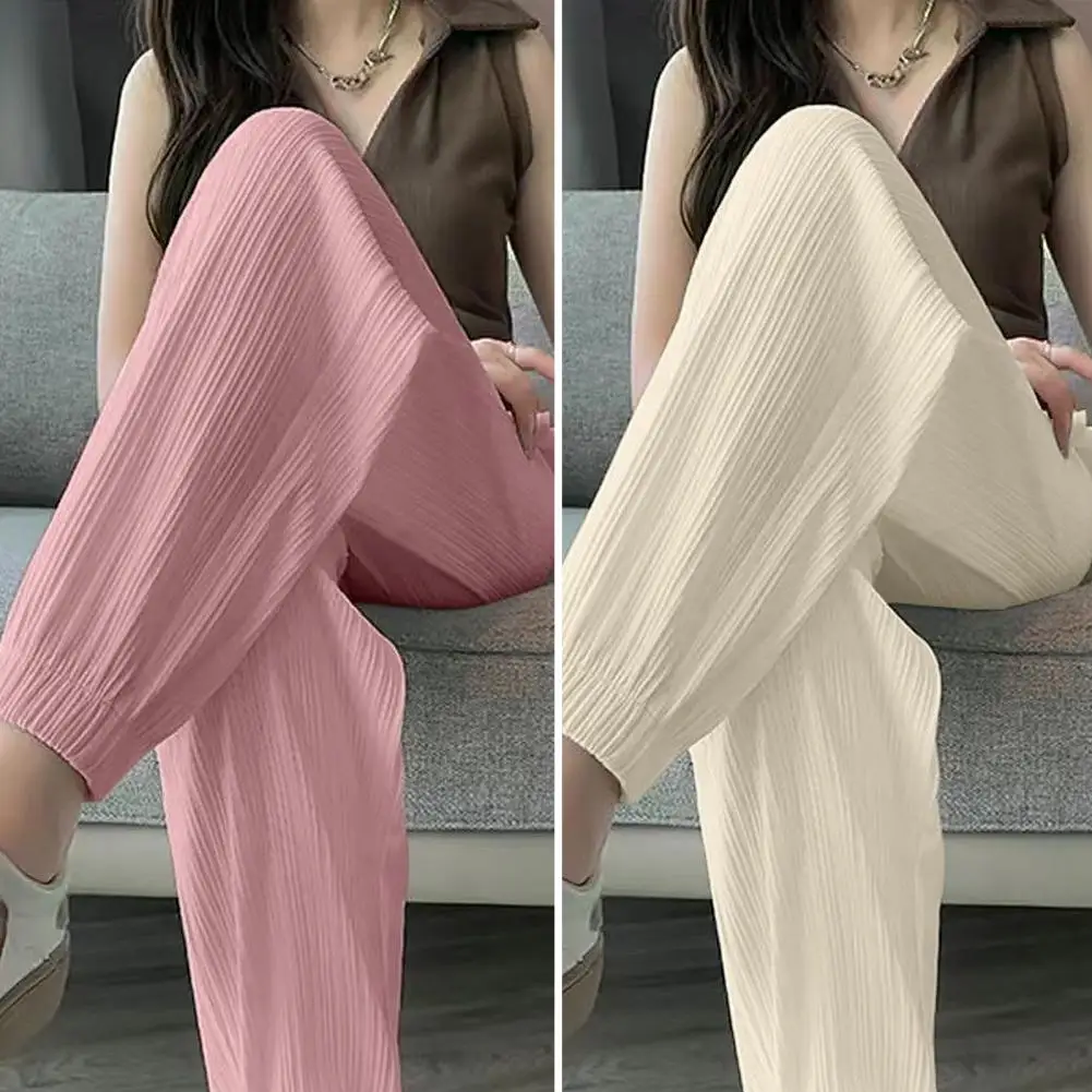 

Ice Silk Wide Leg Harem Pants Trousers Solid Elastic Waist Women Clothing Sport Streetweat Summer Casual Ankle-Length Pants New