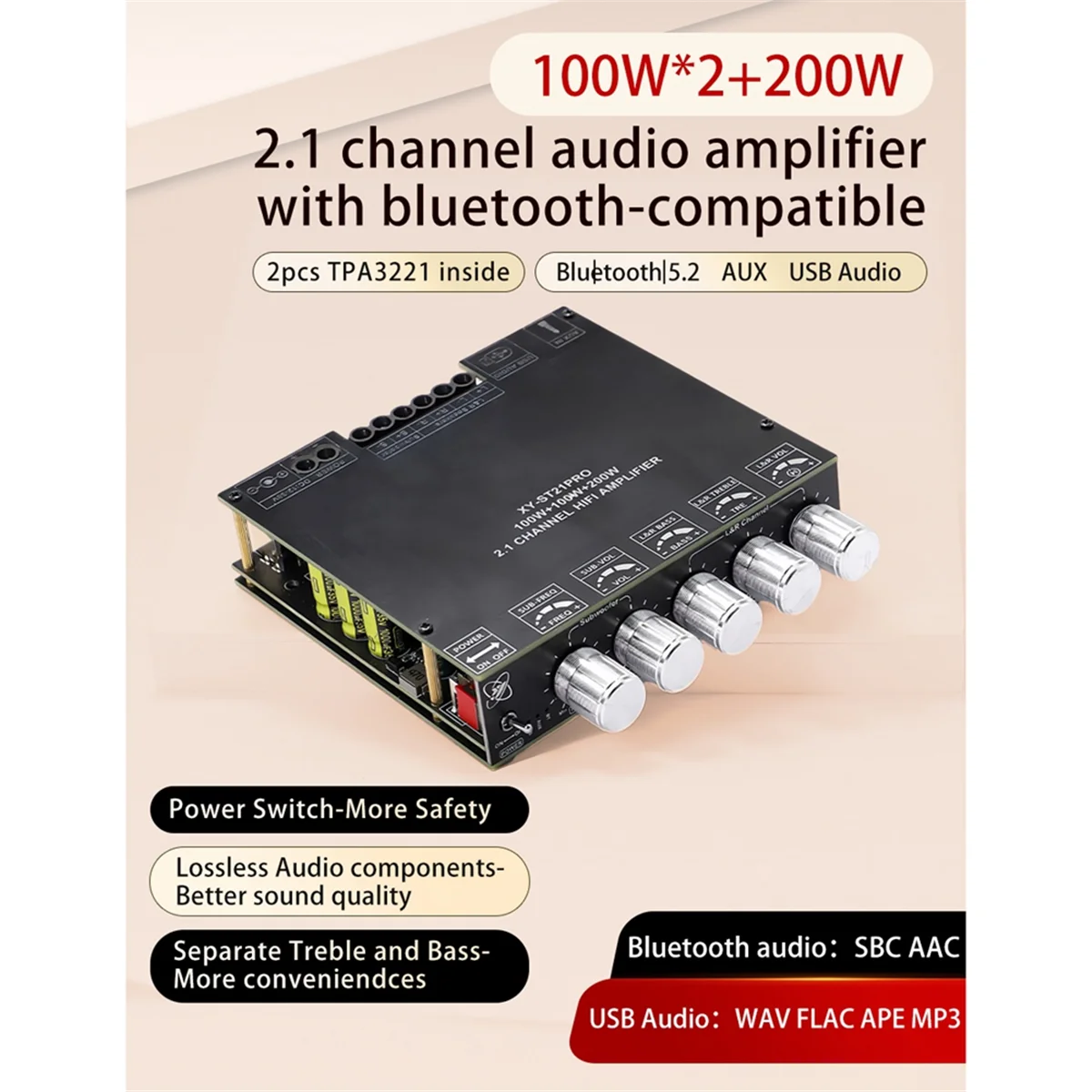 POP-lXY-ST21PRO 2.1 Channel Bluetooth Digital Amplifier Board 100Wx2+200W Subwoofer Amplifier Board TPA3221 Exceeds