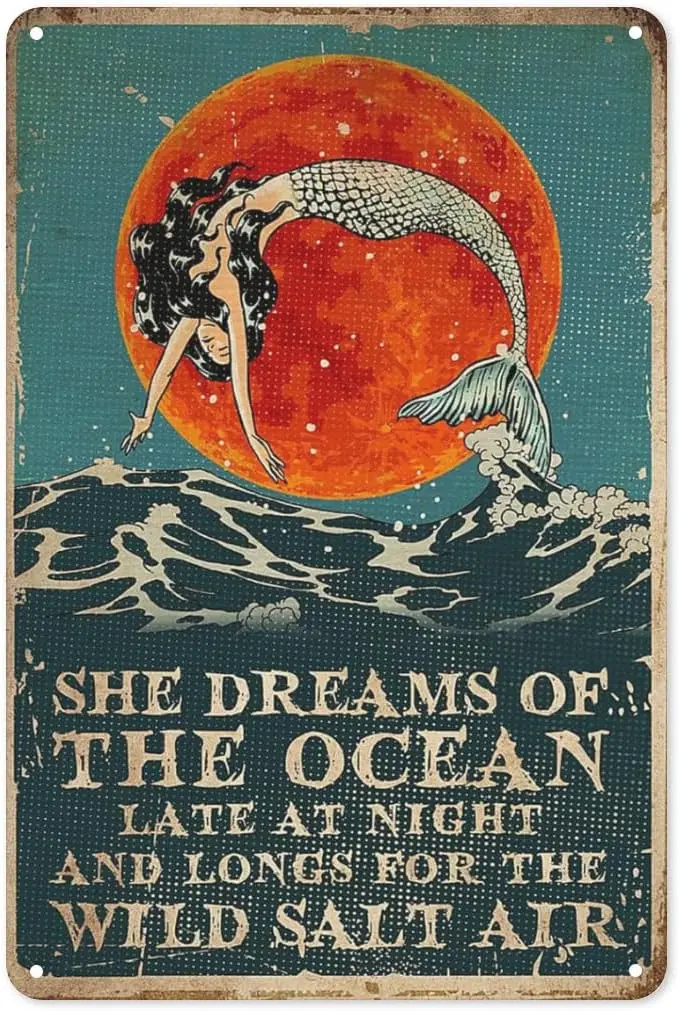 NEZIH Vintage Tin Mermaid She Dreams of The Ocean Aluminum Sign Wall Art Decor,