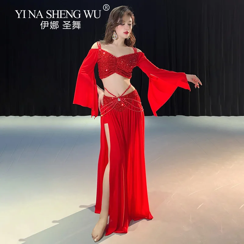 Belly Dance Performance Costume for Women Off Shoulder Rhinestone Top+Long Skirt Training Set Oriental Dancing Wear Outfits