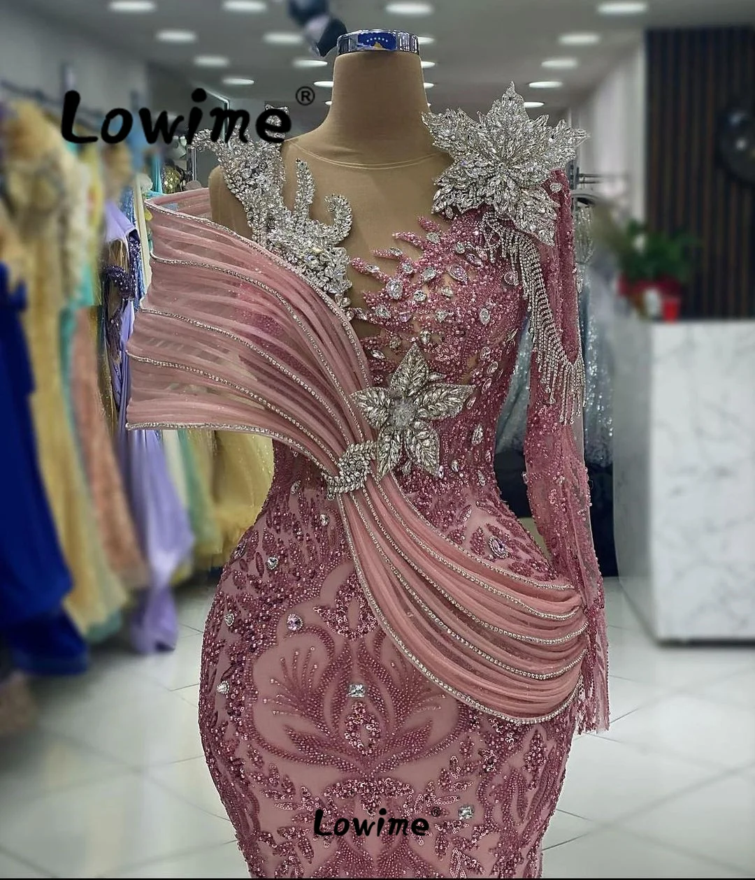 Aso Ebi Crystals Pink Evening Dress Formal Occasion Dresses Wedding Party Gowns Long Sleeves Tassels Prom Dresses Abendkleider