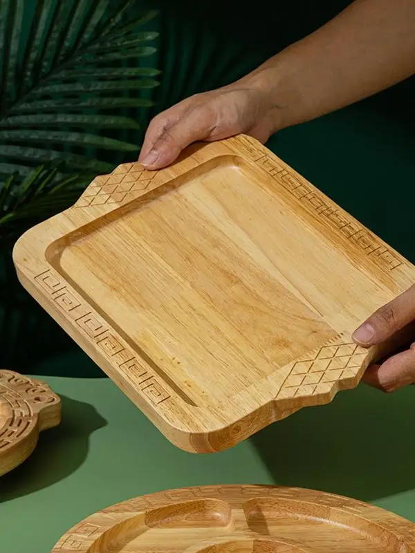 

Retro Hand-carved Oak Wood illed Hotpot BBQ Dry Fruit 4 id 5 id round Tray Dining Utensils Handle Meat Commercial Use