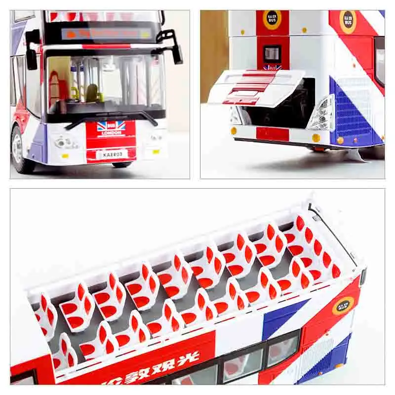 Schaal 1:42 HongKong London Sightseeing speelgoedbus, stadsdubbeldekker metalen modelauto terugtrekkend geluids- en lichtcollectie voor jongens