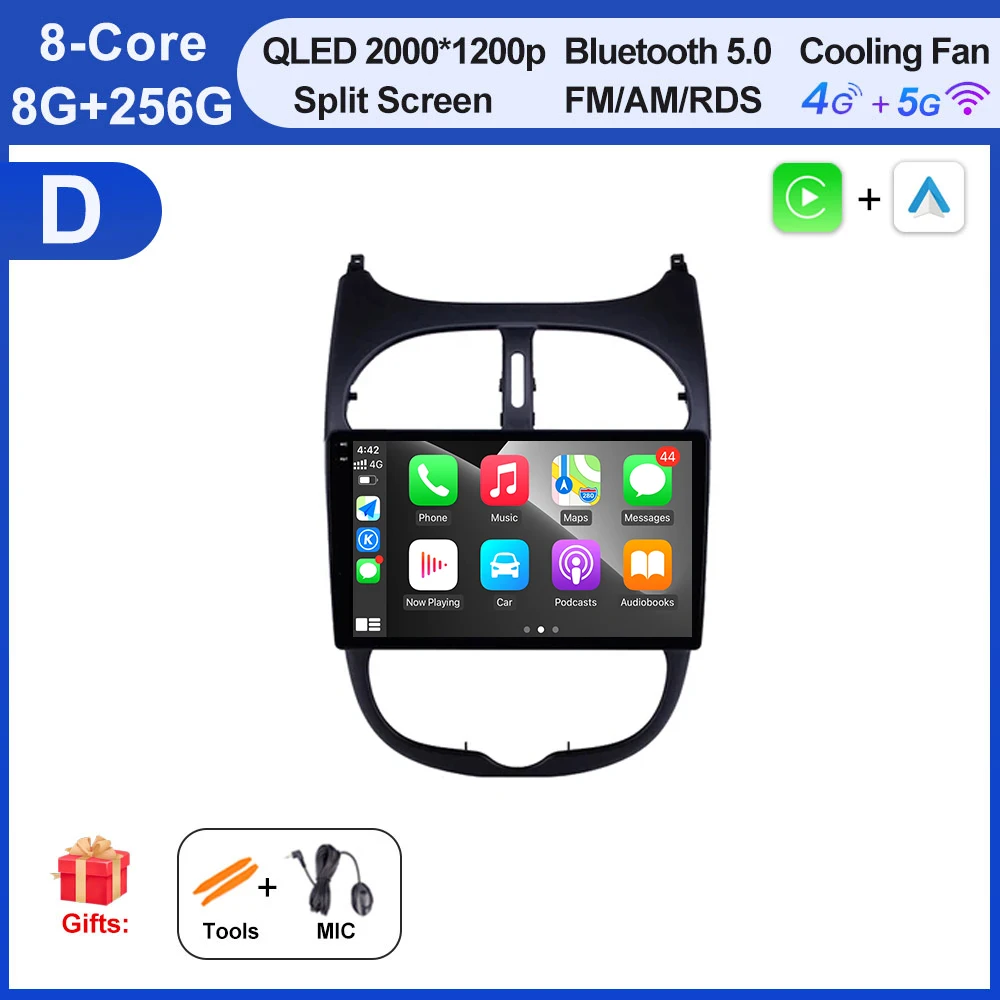 Autoradio Voor Peugeot 206 206SW 206CC 2000-2008 Android 16 Carplay Multimidia Video Player Draadloze Carplay Auto gereedschap Fan