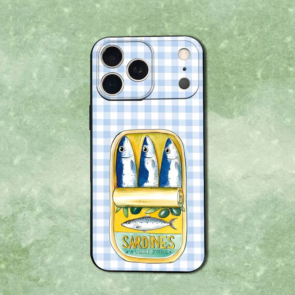 حافظة هاتف معلبة من Food Sardines لهاتف iPhone 14,13,17,12,11,16,15, Plus, Pro Max, XS, X, XR, SE, Mini, غطاء أسود من السيليكون الناعم