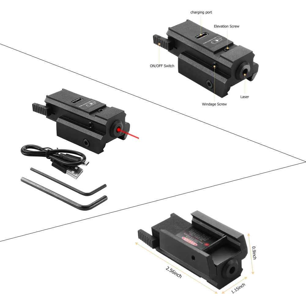 Glock Laser Sight USB Rechargeable fit 20mm/11mm Rail Red Dot Scope Rifle Laser Collimator