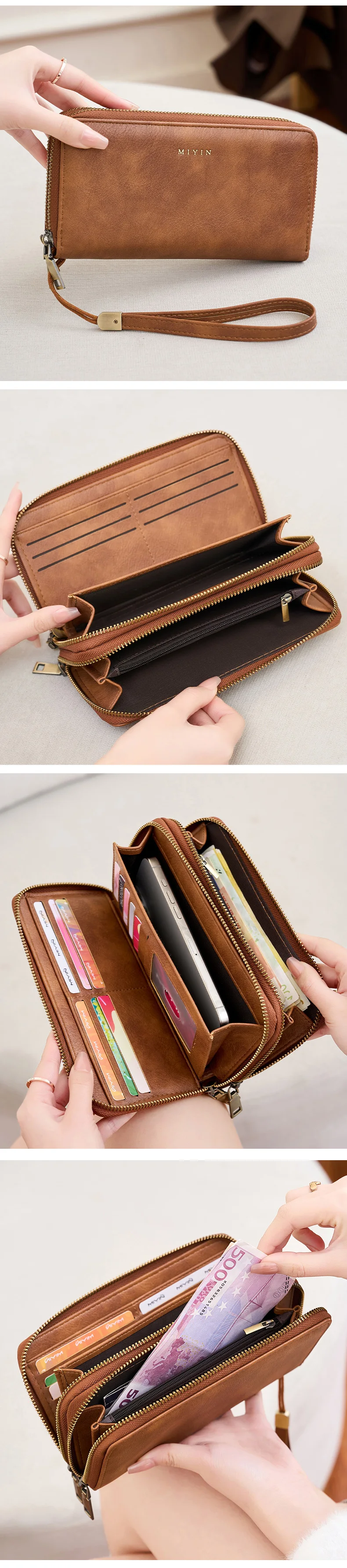 MIYIN Damen-Geldbörse, RFID-Abschirmung, Doppelreißverschluss, Damen-Clutch, Retro, minimalistisch, multifunktional, mit mehreren Kartenfächern, Kartenhalter – Detail 4