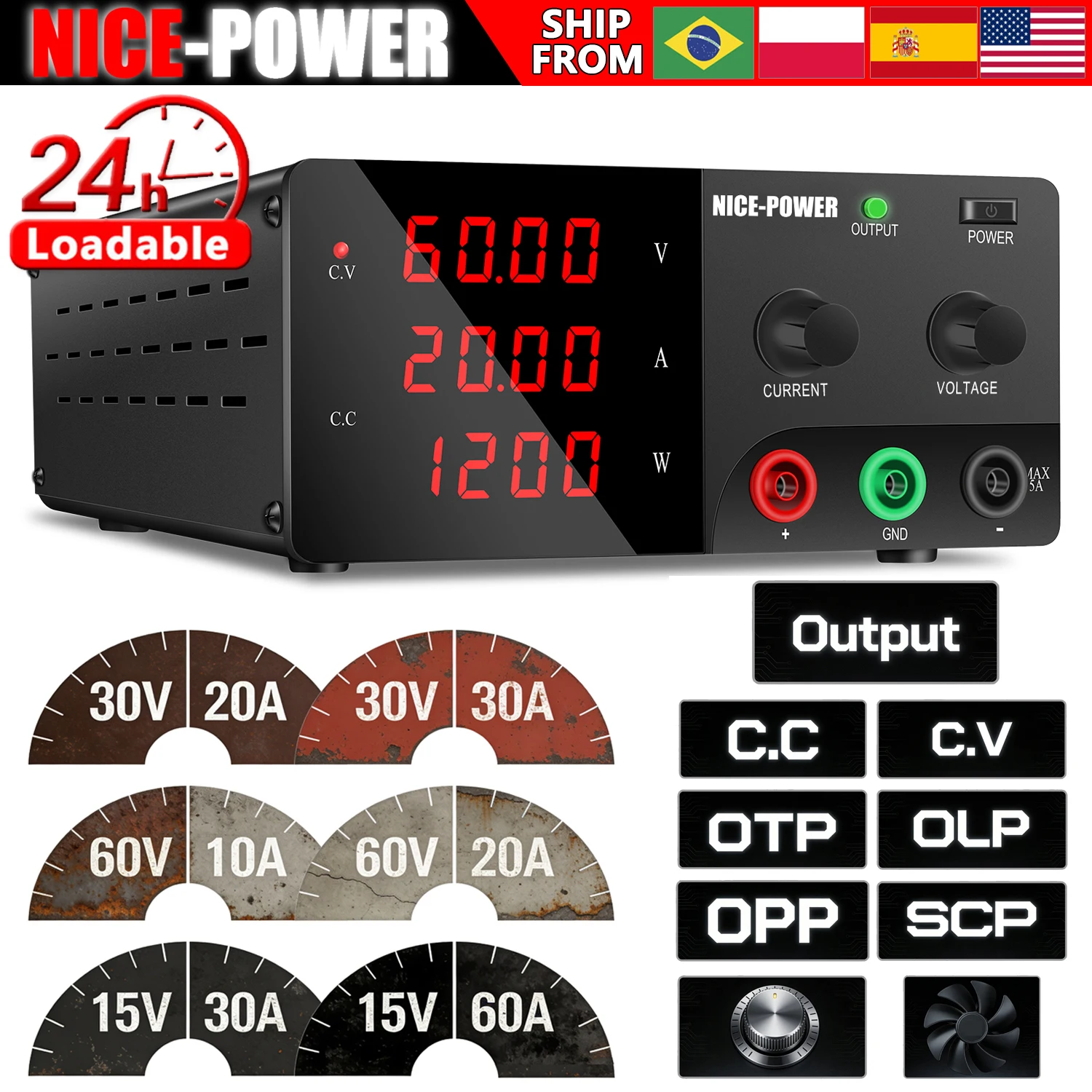 Alimentation de laboratoire DC NICE-POWER réglable 15V 30A 60A 30V 20A 30A 60V 10A 20A pour réparation de circuits imprimés et charge de batteries, Expédition depuis la Pologne