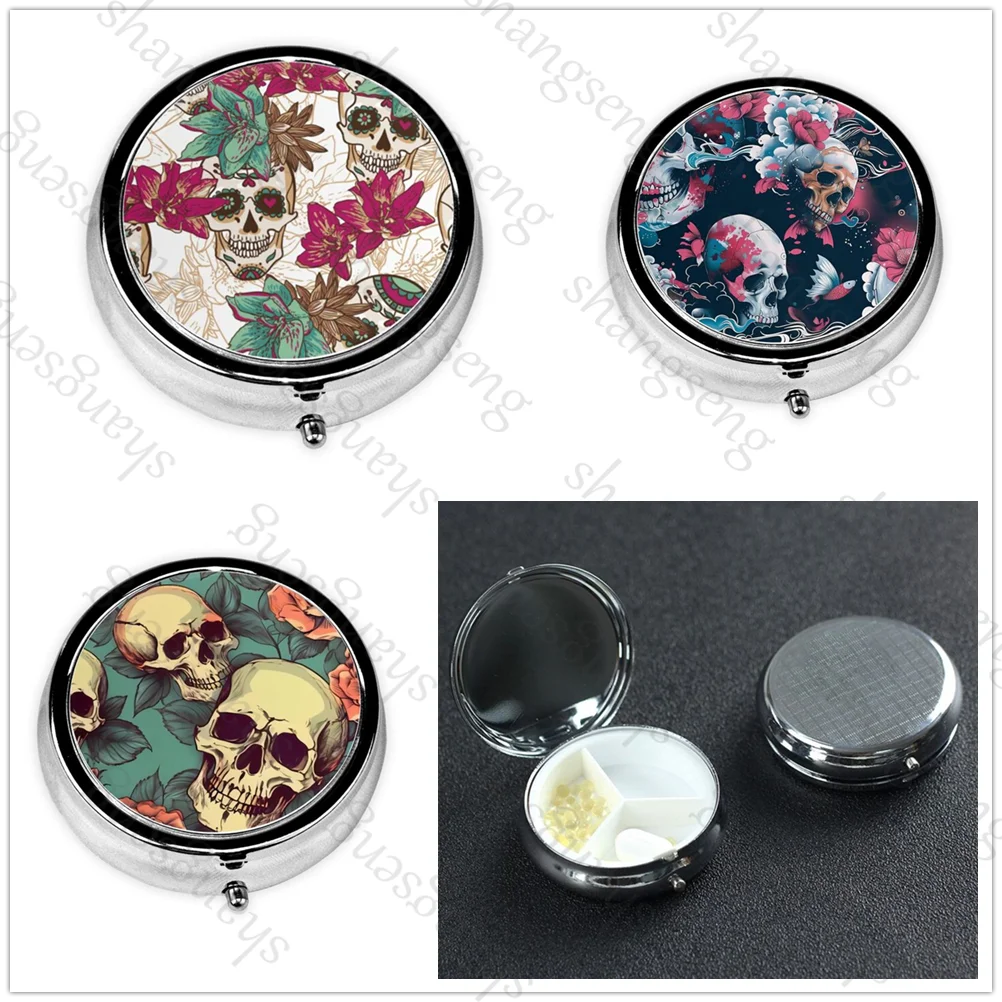 Sugar Skull Portable Pill Box Wallet Decorative Metal Vitamin Travel Wallet and Pocket Small Pill Box Travel Pill Box