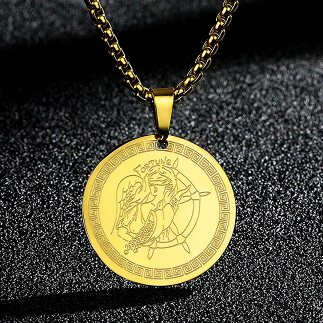 CHENGXUN Roman Goddess of Luck - Fortuna Pendant Necklace Women Men Stainless Steel Ancient Greek Tyche Amulet Charm Neck Chain