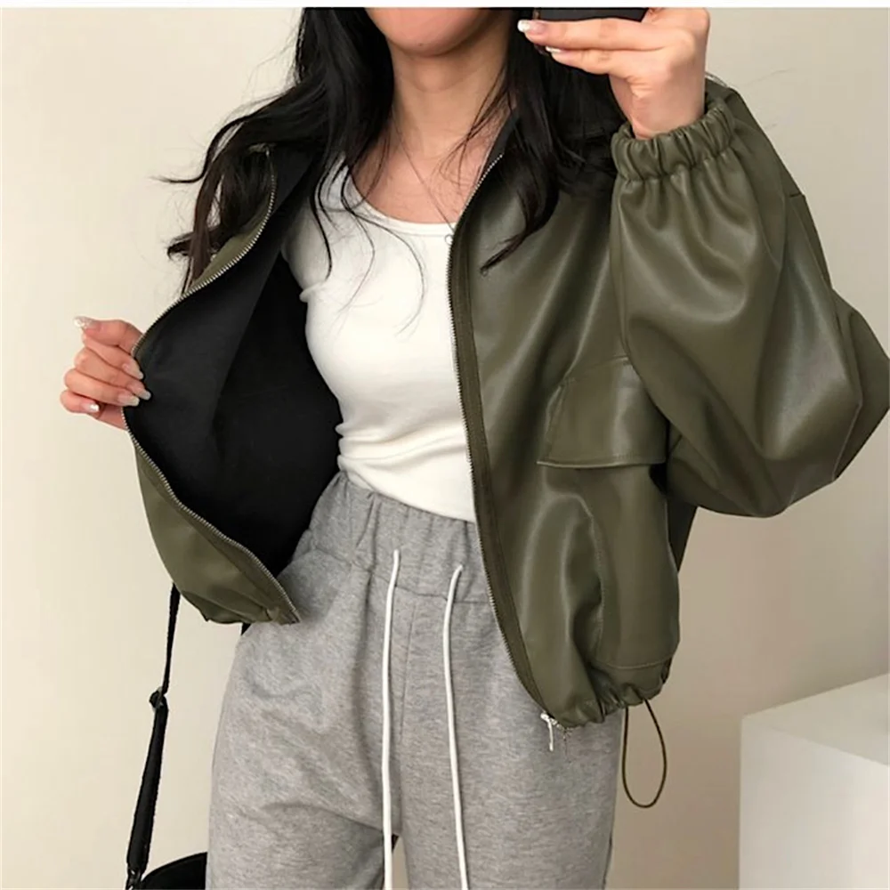 PLAMTEE Stylish Classic PU Jackets Women Pockets Zipper New Solid Loose 2022 Autumn Minimalist Chic Office Lady Mujer Coats