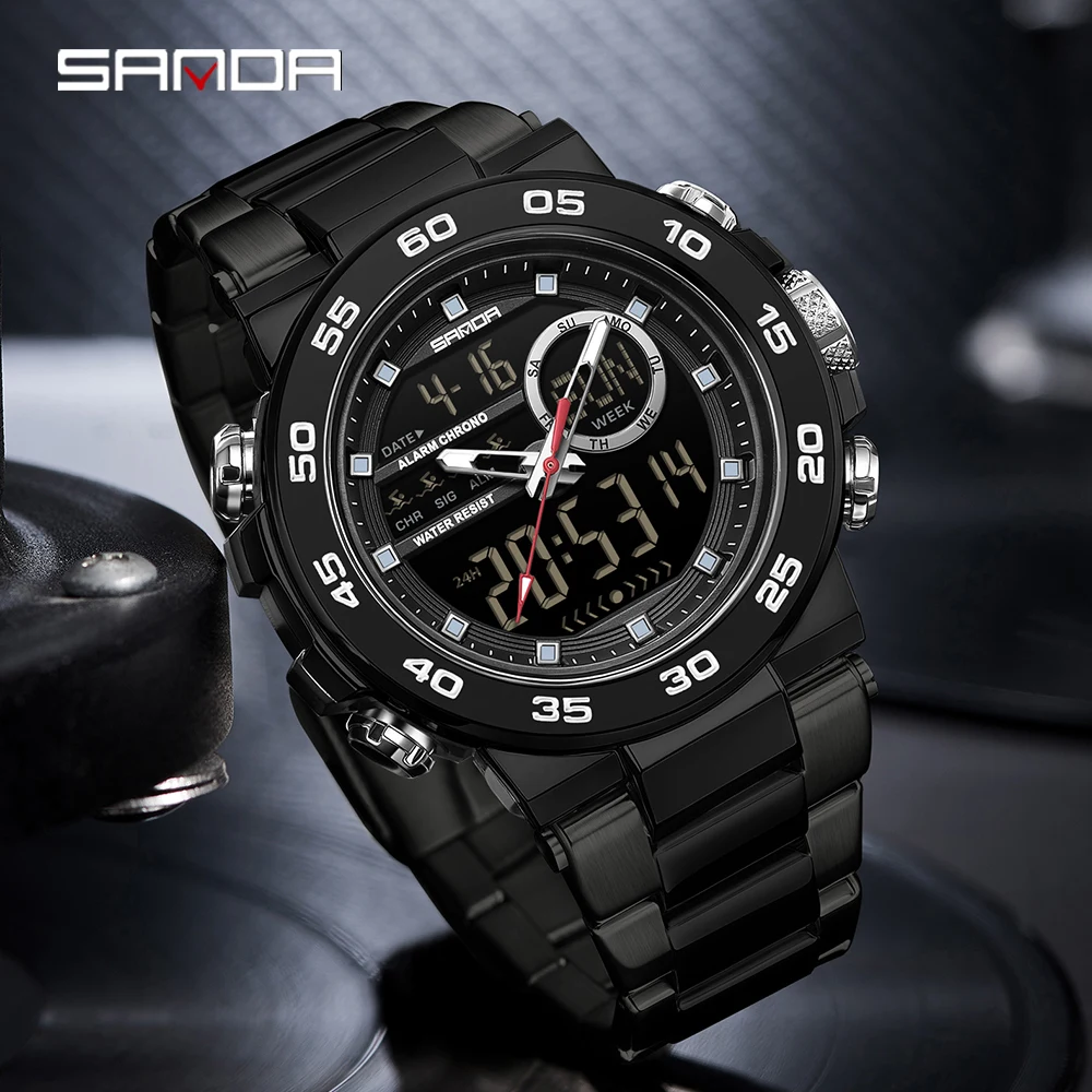 

SANDA New 6296 Модные мужские электронные часы Спортивные многофункциональные водонепроницаемые мужские электронные часы с большим циферблатом и тремя булавками