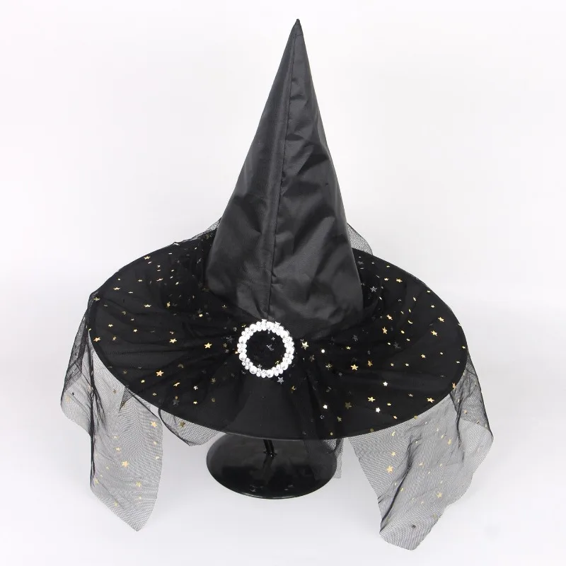 หมวกแม่มดพร้อมดีเทลหัวเข็มขัดผ้าทูลล์ลายดาว - อุปกรณ์เสริมเครื่องแต่งกายฮาโลวีนสำหรับคอสเพลย์และเครื่องประดับศีรษะสำหรับงานปาร์ตี้ธีมต่างๆ