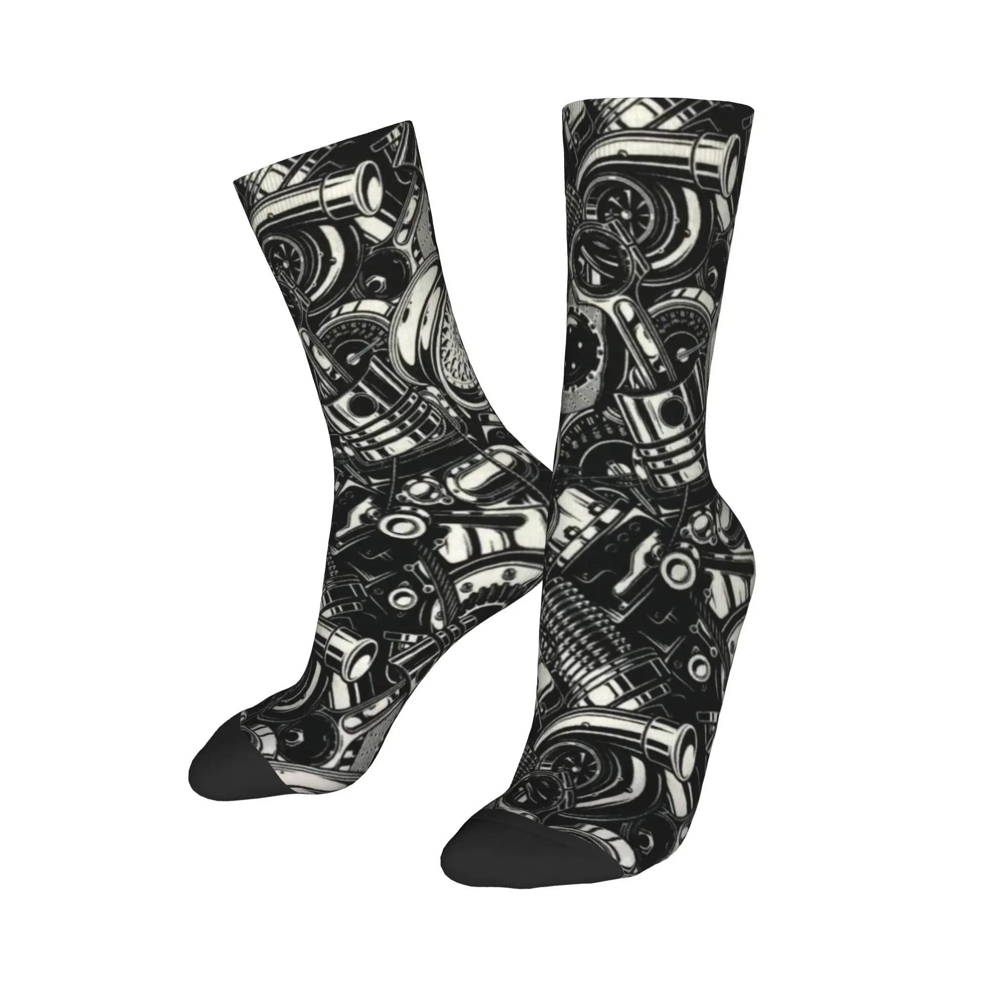 Black and White Mechanical Skull Collage Stockings Funny Socks Men's Breathable Socks Autumn Skateboard Graphic Non-Slip Socks