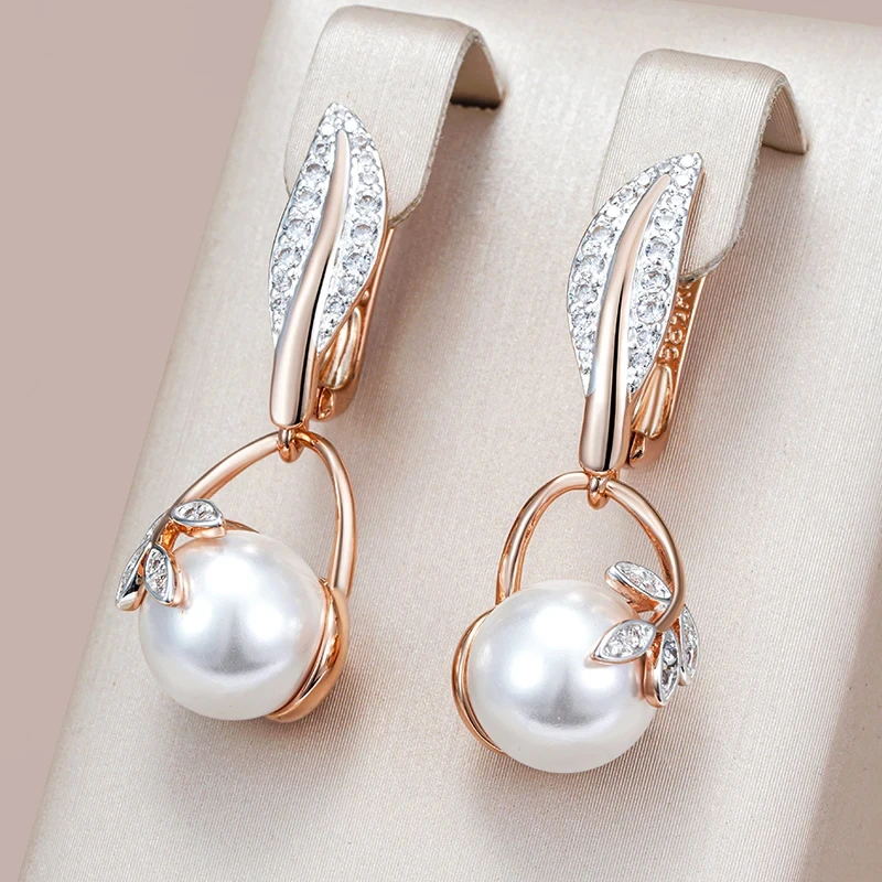 Wbmqda Luxury Pearl Women\'s Long Drop Earrings 585 Rose Gold Silver Color Ethnic Wedding Party Fine Zircon Jewelry Accessories