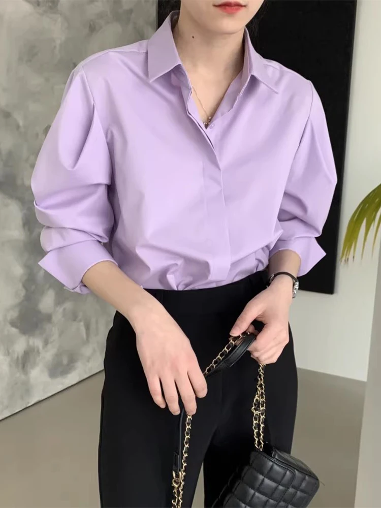 

Basic Sle Women's irt Single Button Bubble Sve Pure Color Versatile Top Early Autumn New Arrival Korean Sle Long Sve