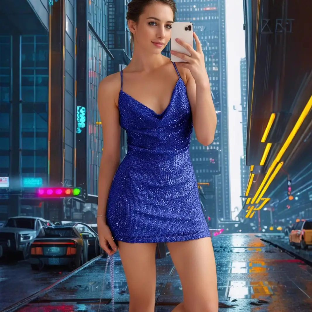 セクシーなサスペンダードレス無地スリムファッション女性服スパンコールハイウエストノースリーブVネックベアバックパックヒップショートスカート