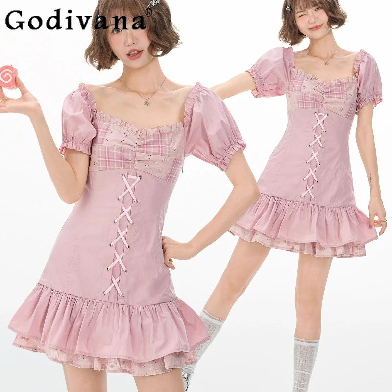 

Sweet American Retro Sexy Plaid Splicing Short-sleeved Lace Dress Women's Summer New Cute Lace-up Square Neck Pink Short Dresses